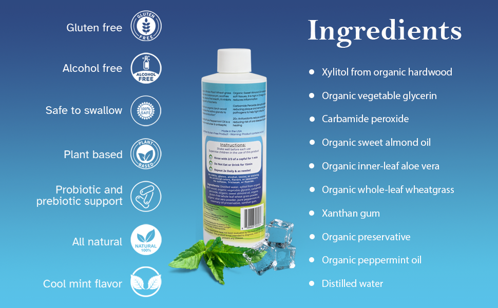 RESTORING RINSE® botanical ingredients including aloe, wheatgrass, xylitol, and peppermint oil