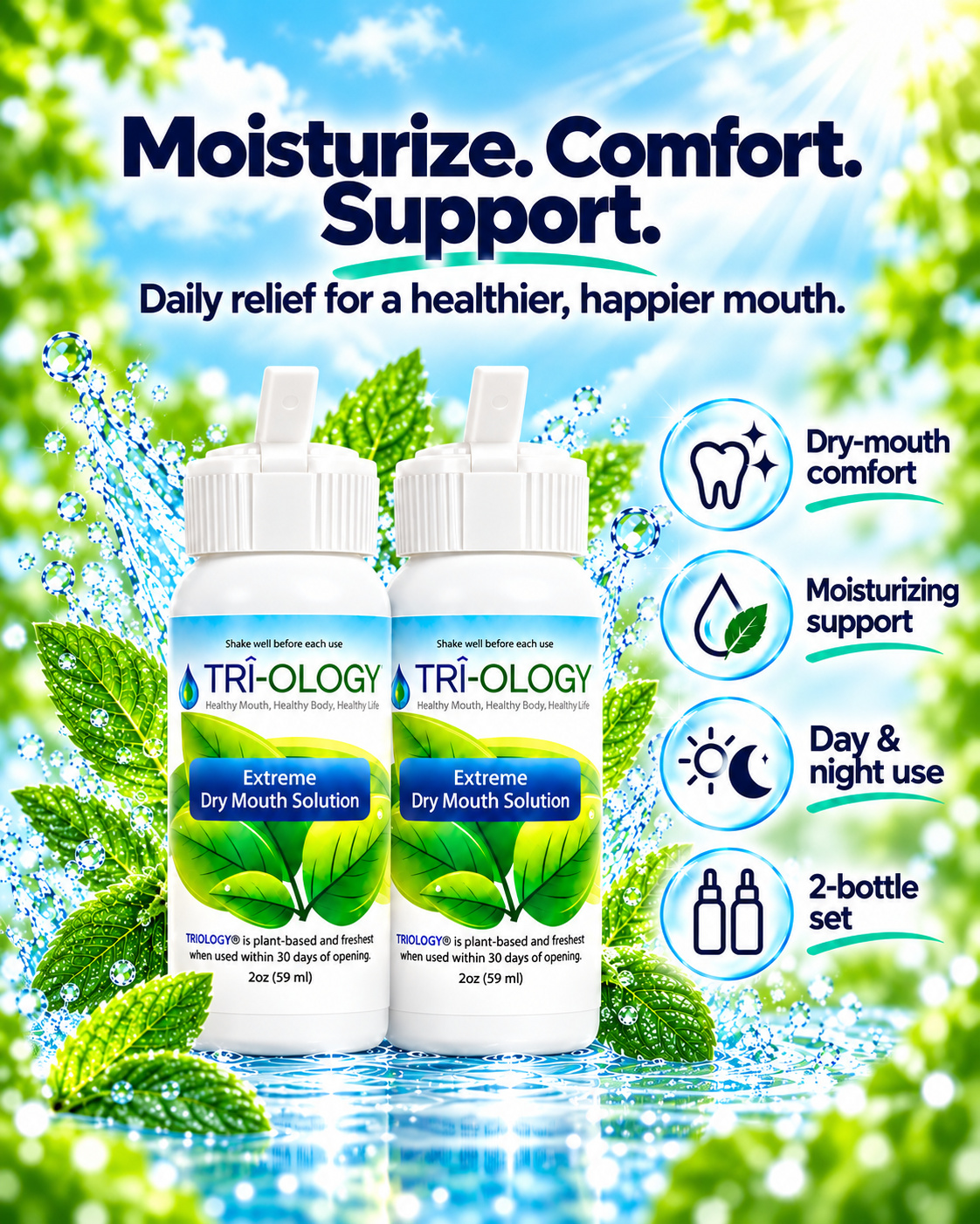 TRI-OLOGY® Extreme Dry Mouth Solution two-bottle set with dry-mouth comfort, moisturizing support, day and night use, and two-bottle set