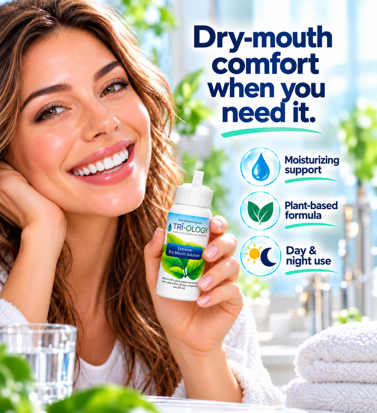 Woman holding TRI-OLOGY® Extreme Dry Mouth Solution for dry-mouth comfort