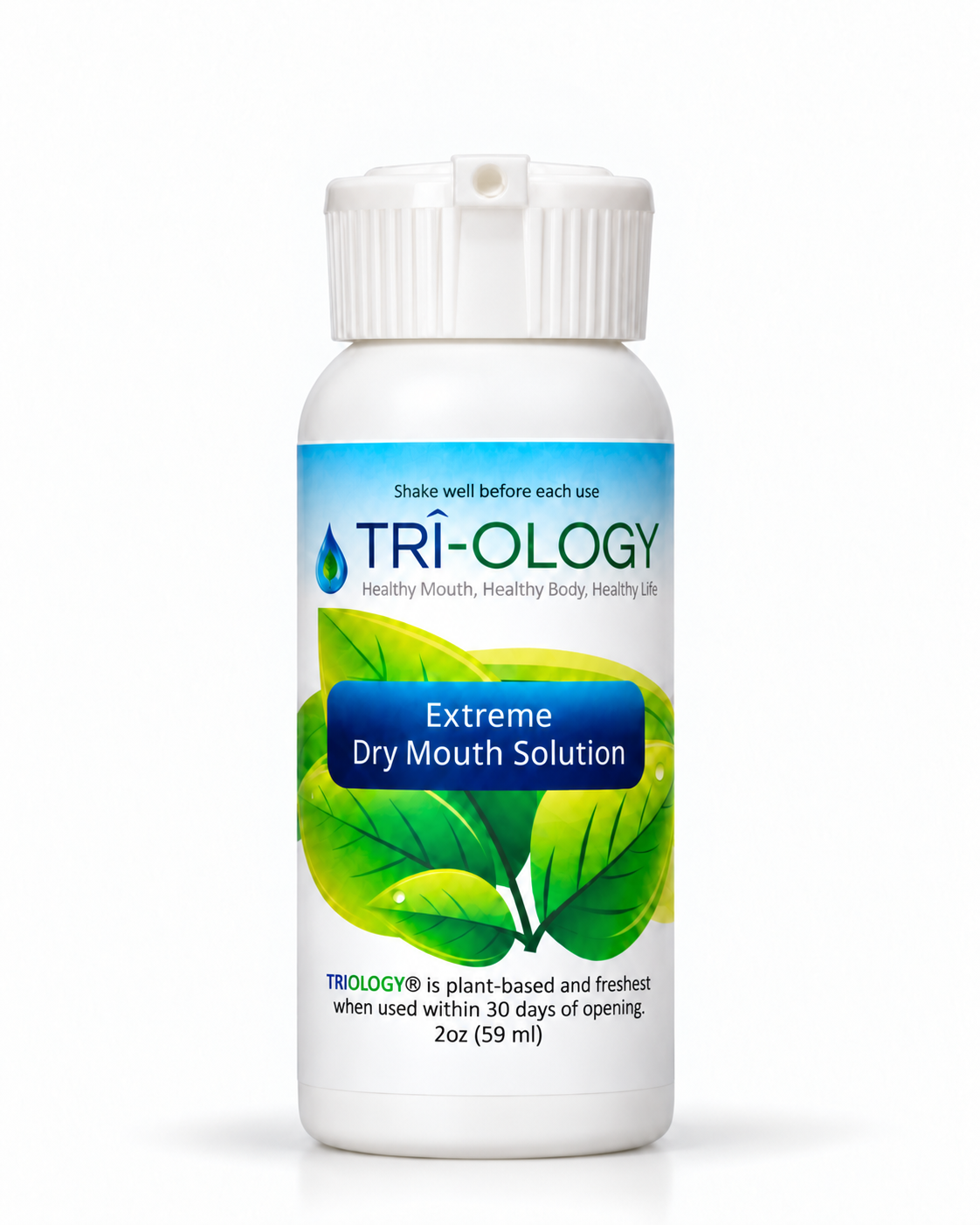 TRI-OLOGY® Extreme Dry Mouth Solution bottle with dispensing spout closed