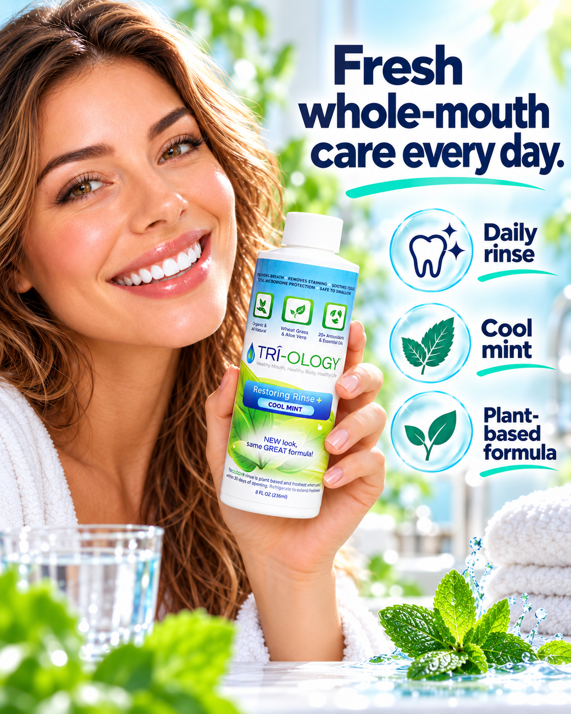Woman holding TRI-OLOGY® Restoring Rinse for fresh whole-mouth care