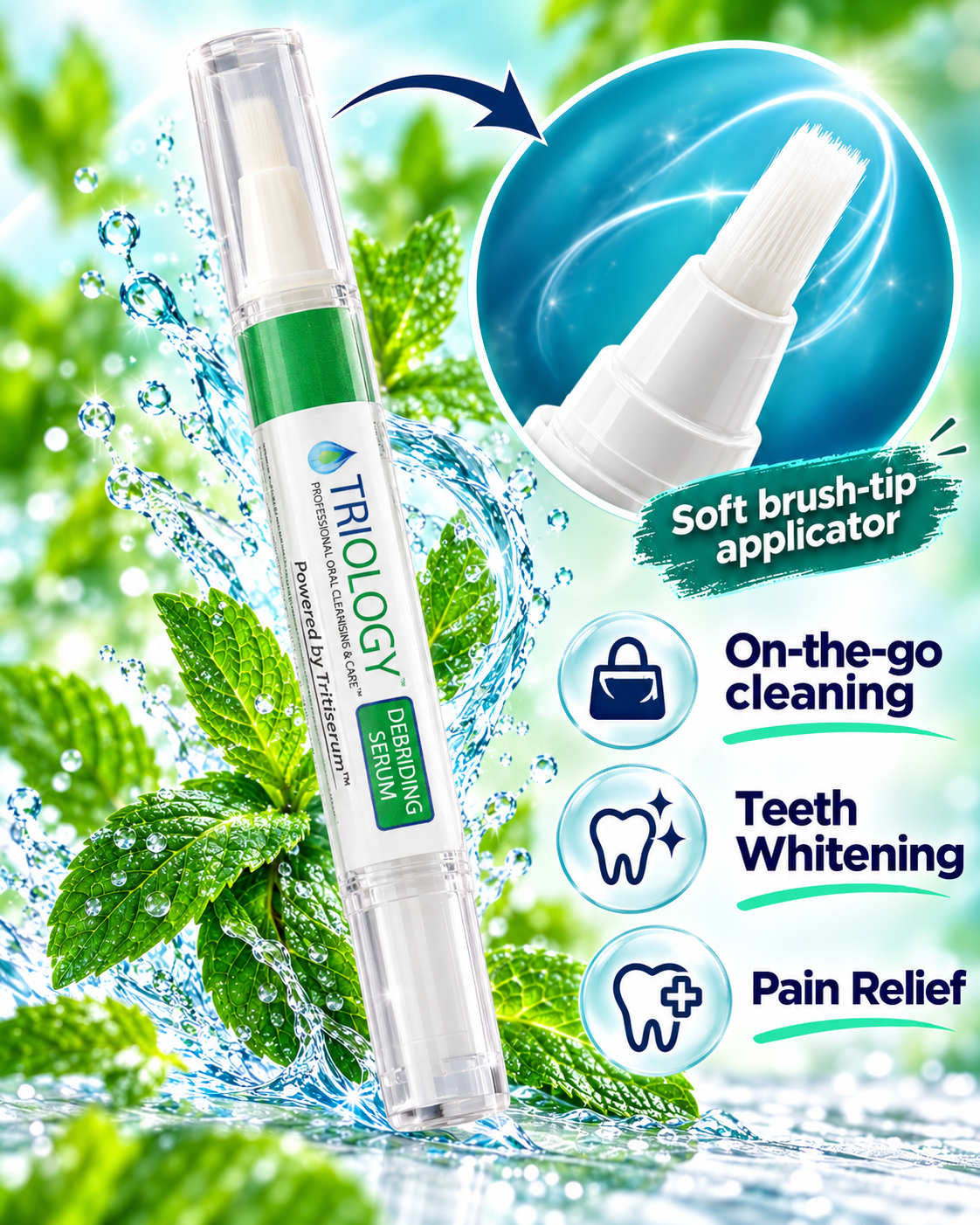 TRI-OLOGY® Treatment Pen featuring on-the-go cleaning, teeth whitening, and pain relief