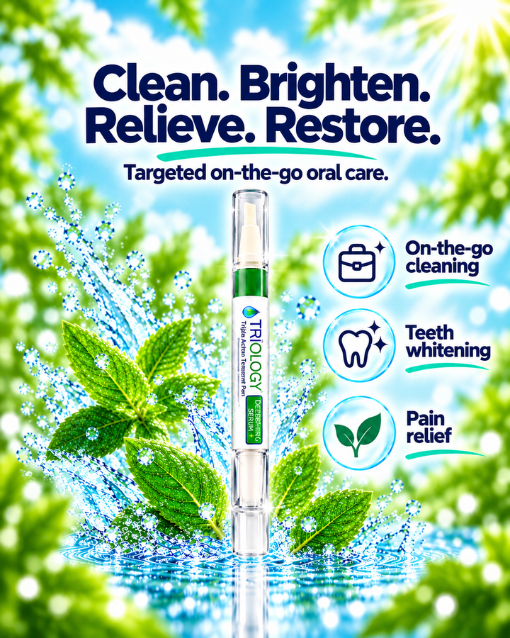 TRI-OLOGY® On-The-Go Treatment Pen with on-the-go cleaning, teeth whitening, and pain relief benefits